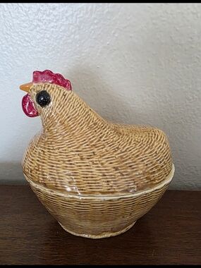 Ceramic Hen On Nest in Cream and Red Handmade Vintage 1990